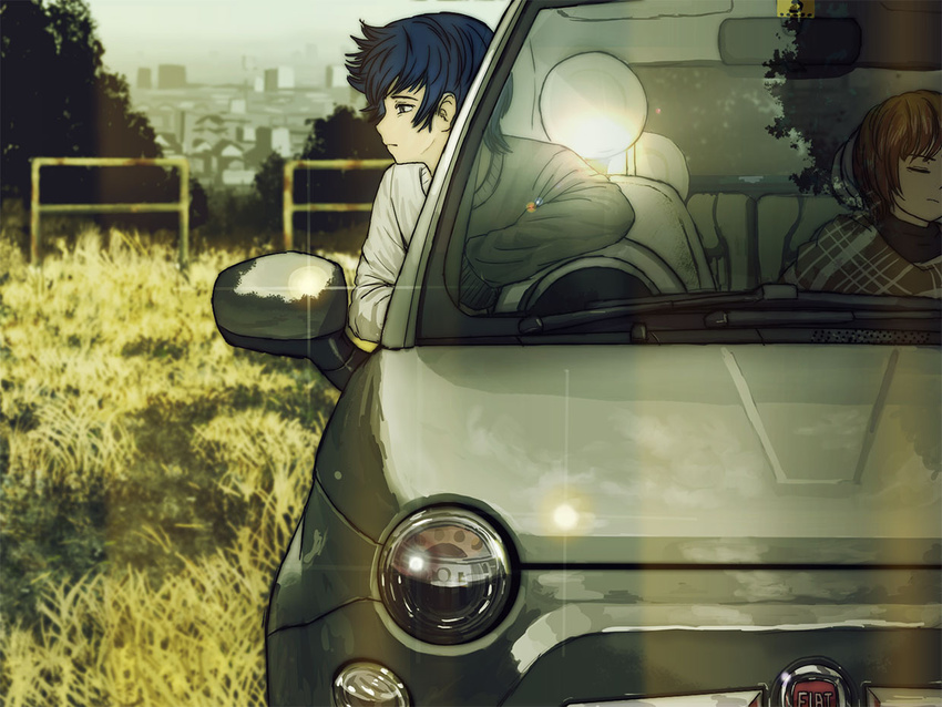 1girl blue_eyes blue_hair brown_hair car casual closed_eyes couple fiat fiat_nuova_500 ground_vehicle hetero horuda kaito meiko motor_vehicle product_placement reflection sleeping vocaloid