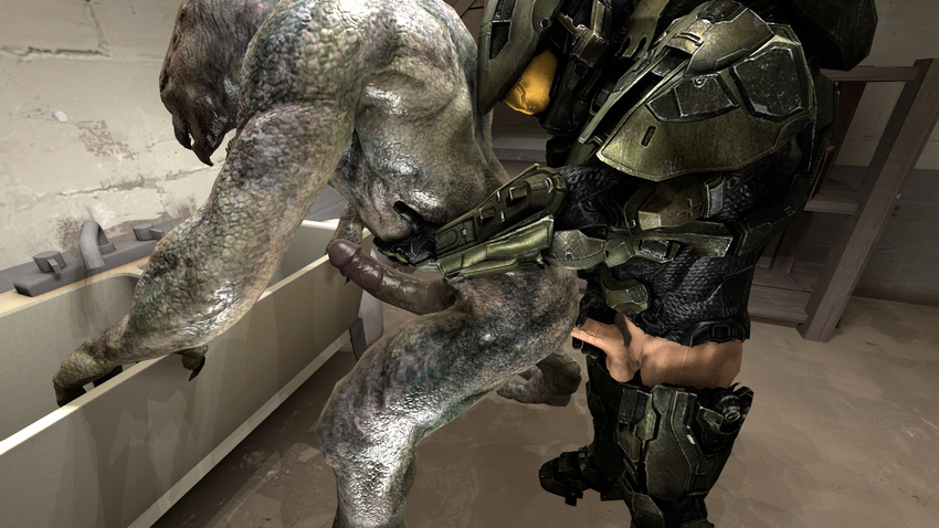 alien anal anal_penetration armor balls bent_over big_penis clothed clothing duo erection gay halo_(series) human humanoid_penis male mammal master_chief muscles nude penetration penis sangheili sex unknown_artist video_games