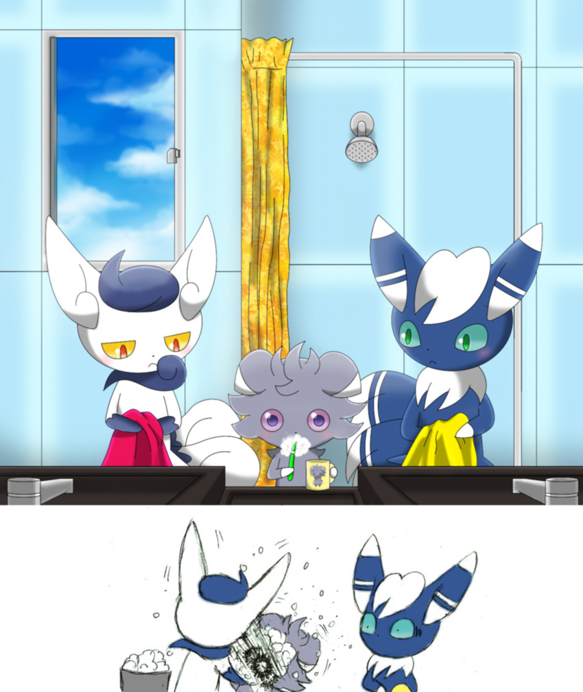 2014 ambiguous_gender bathroom blue_fur blue_sclera blush cup espurr espurr_abuse family female feral fur green_eyes grey_fur group hi_res inside male meowstic multicolored_fur nintendo plain_background pok&eacute;mon red_eyes shower standing towel two_tone_fur video_games white_background white_fur window winick-lim yellow_sclera young