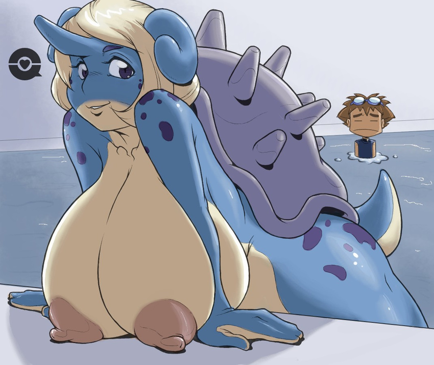 &lt;3 anthro big_breasts blonde_hair blue_eyes blush breasts brown_nipples cbee duo eyewear female goggles hair horn huge_breasts human lapras looking_at_viewer male mammal nintendo nipples pok&eacute;mon shell spikes video_games water