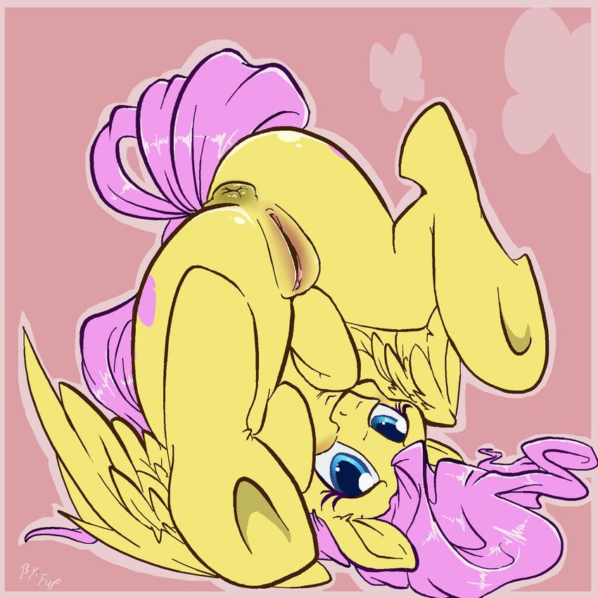 abstract_background anus bedroom_eyes blue_eyes blush clitoris cutie_mark equine feathers female fluttershy_(mlp) friendship_is_magic fuf fur hair hi_res hooves long_hair looking_at_viewer mammal my_little_pony pegasus pink_hair presenting puffy_anus pussy smile solo underhoof upside_down wings yellow_fur