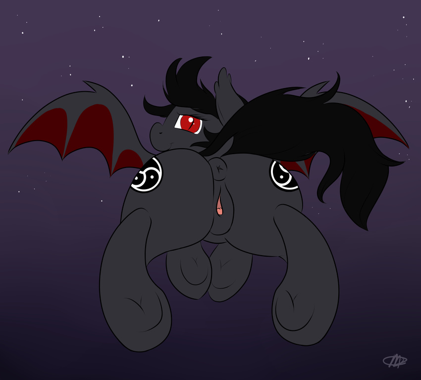 anus bat_pony bedroom_eyes black_hair clitoral_winking clitoris cutie_mark equine fan_character female fur hair hi_res hooves looking_at_viewer looking_back mammal meggchan membranous_wings my_little_pony outside presenting pussy qetesh raised_tail rear_view red_eyes smile solo star thestral wings