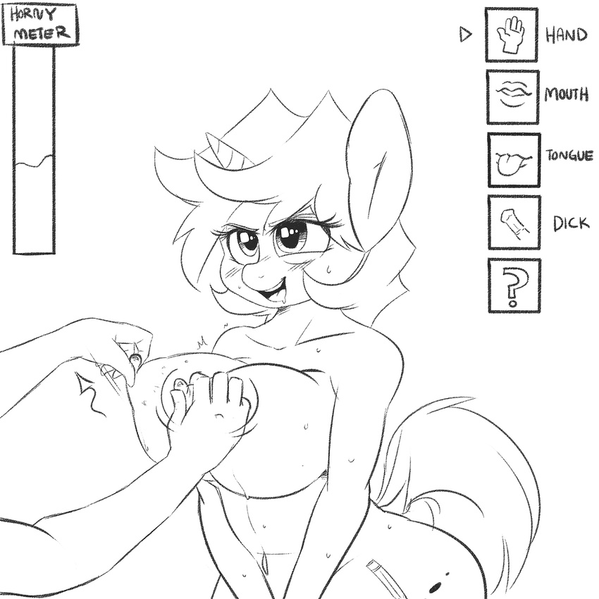 2014 animal_genitalia anthro areola big_breasts blush breast_fondling breast_grab breasts cutie_mark disembodied_hand doggie999 duo equine erect_nipples erection fan_character female fondling horn horse horsecock huge_breasts male mammal monochrome my_little_pony navel nipple_play nipple_pull nipples nude penis sketch sweat tongue unicorn
