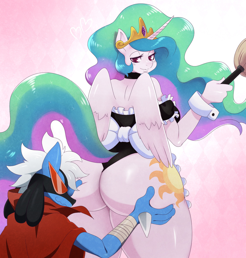 &lt;3 2014 anthro big_butt butt butt_grab canine crown digital_media_(artwork) duo equine eyewear female friendship_is_magic hand_on_butt horn huge_butt lucario maid maid_uniform male mammal my_little_pony nintendo pok&eacute;mon princess_celestia_(mlp) smile sssonic2 sunglasses video_games winged_unicorn wings