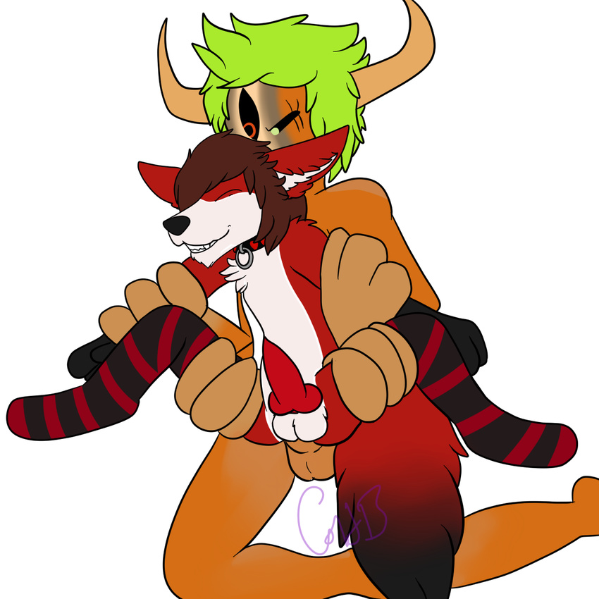 anal anal_penetration anthro big_dom_small_sub canine collar cradling demon digital_media_(artwork) duo fox gay green_hair hair hair_over_eye knot male mammal penetration penis scarlet_svobodova size_difference striped_footwear striped_legwear thigh_socks