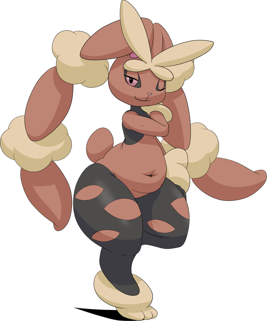 belly cotton female hybridprojectalpha lagomorph looking_at_viewer lopunny mammal mega_evolution mega_lopunny navel nintendo one_eye_closed overweight pink_sclera pok&eacute;mon pussy rabbit smile solo thick_thighs video_games voluptuous wide_hips wink