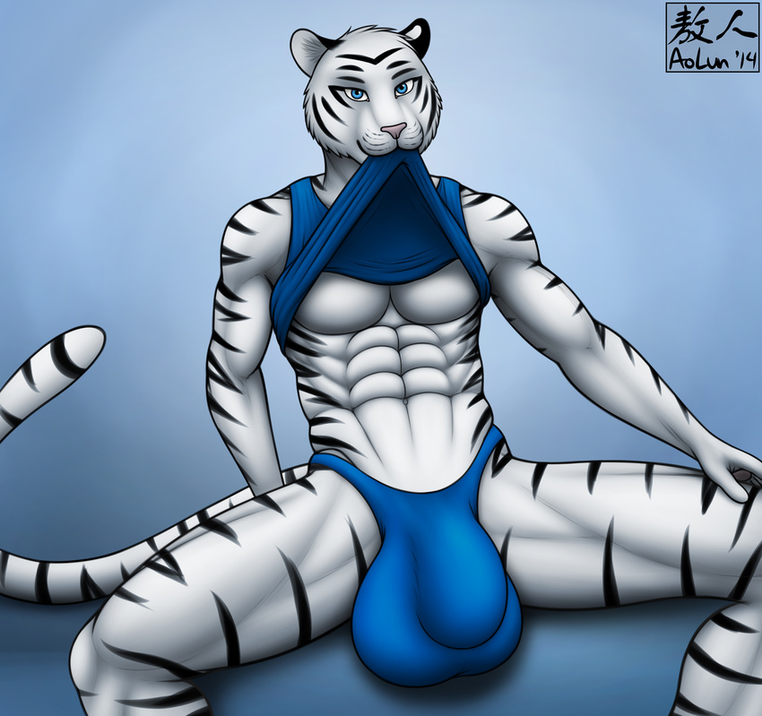 2014 abs anthro aolun balls biceps big_balls blue_eyes bulge clothed clothing feline fur hyper looking_at_viewer male mammal markings muscles pecs plain_background shirt shirt_lift solo spread_legs spreading stripes tank_top tiger toned underwear white_fur white_tiger