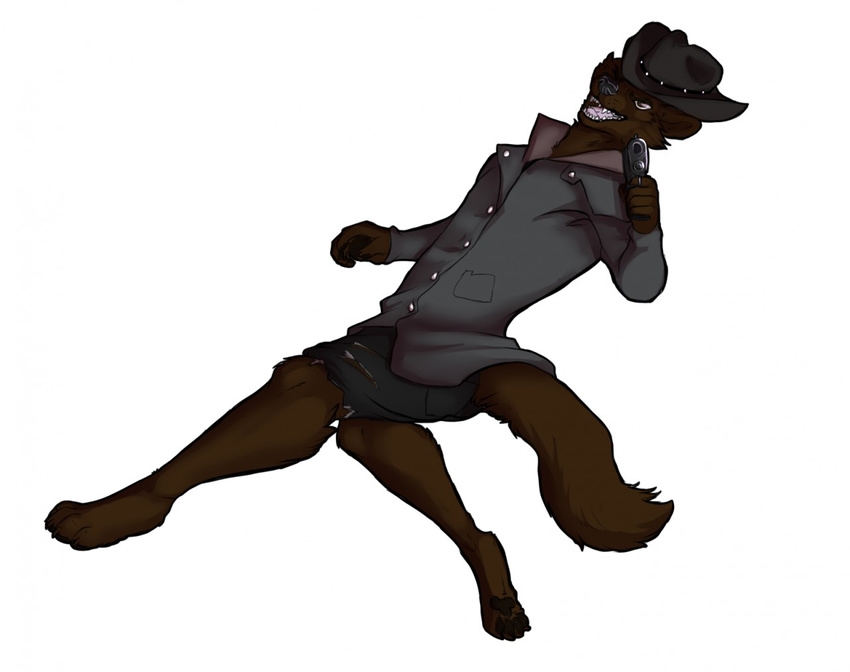 1911 2014 anthro brown_fur canine clothing cowboy_hat duster fur grin gun hair hat male mammal open_mouth plain_background ranged_weapon shapeshifterprincess shorts sideways solo teeth timber_wolf torn_clothing weapon white_background wolf
