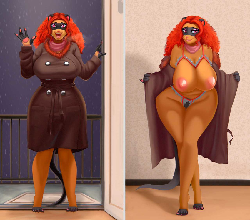 anthro big_breasts breasts clothed clothing female ferret fey flashing hair ipan looking_at_viewer mammal mustelid nipples partially_clothed pubes red_hair standing voluptuous wide_hips