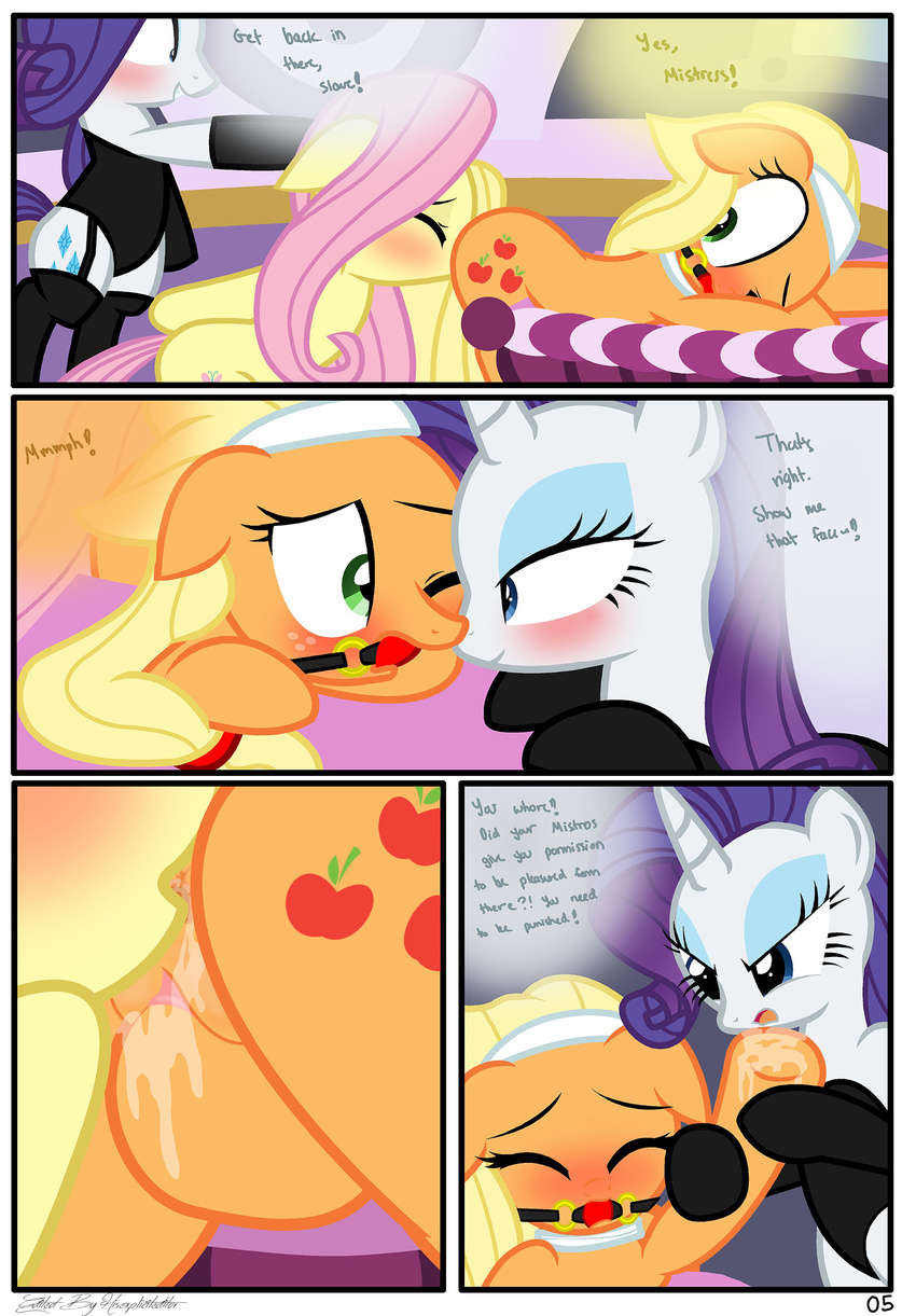 anal anus applejack_(mlp) ball_gag bdsm close-up comic dialogue domination edit english_text equine female female_domination feral fluttershy_(mlp) friendship_is_magic gag hi_res hisexpliciteditor horn horse lesbian mammal masturbation my_little_pony oral pegasus pony pussy pussy_juice pyruvate rarity_(mlp) rimming sex text unicorn wings