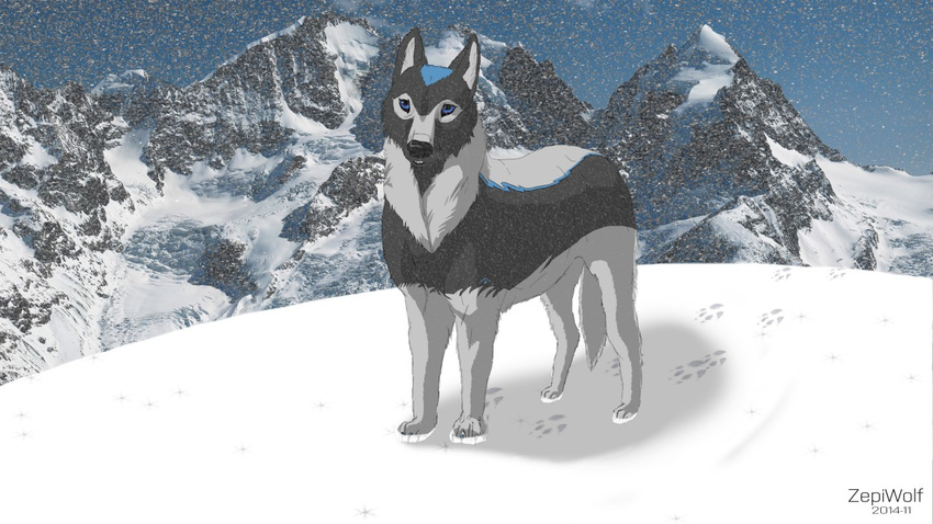 2014 arctic_wolf blue_eyes canine feral fur hair looking_at_viewer male mammal mountain nude open_mouth outside shadow sky snow snowing solo white_fur wolf zepi zepiwolf