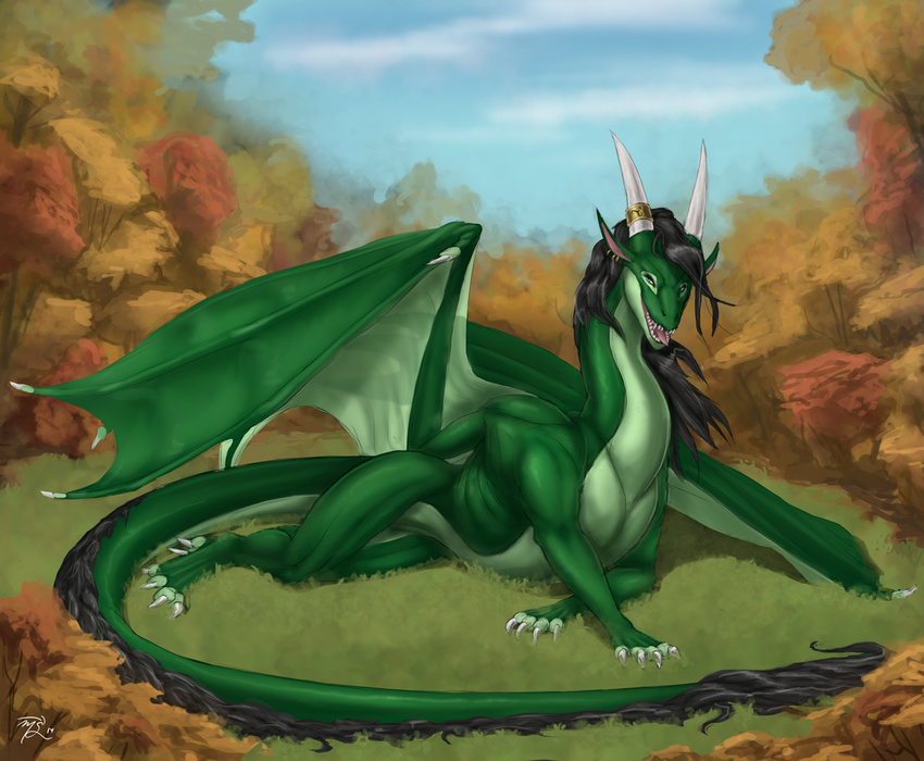 autumn black_hair blacktalons blue_eyes claws cloud digitigrade dragon ear_piercing female feral forest grass green_body hair horn looking_at_viewer lying nature outside piercing scalie sedyana sky solo teeth tongue tongue_out tree wings