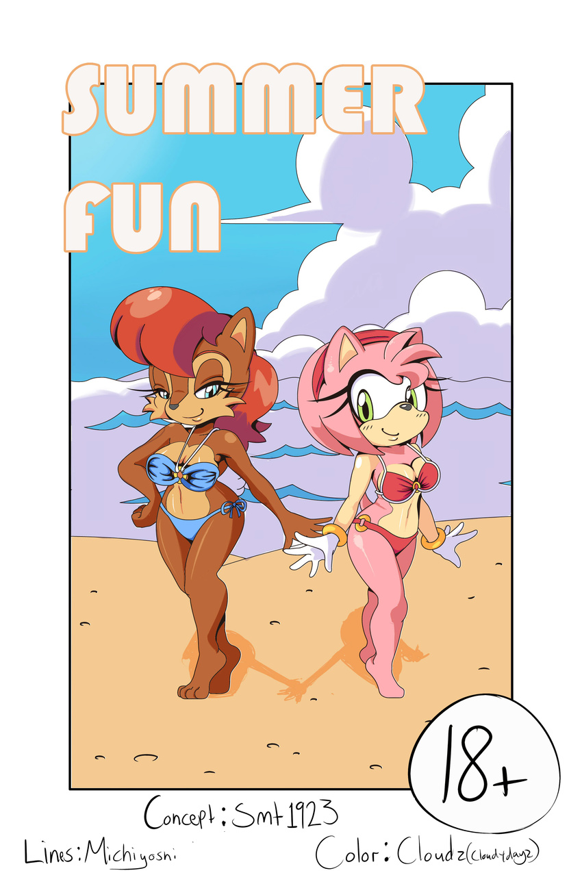 2014 amy_rose anthro barefoot beach bikini bikini_top blue_eyes breasts brown_fur chipmunk clothed clothing cloudz comic female fur gloves green_eyes hair headband hedgehog mammal michiyoshi navel outside pink_fur pink_hair red_hair rodent sally_acorn sand seaside sega skimpy sky smt1923 sonic_(series) squirrel swimsuit wide_hips