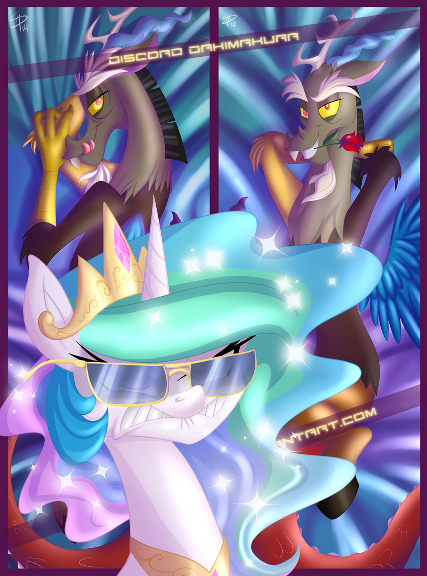 2014 discord_(mlp) draconequus equine falleninthedark female feral friendship_is_magic horn male mammal my_little_pony princess_celestia_(mlp) unicorn wings