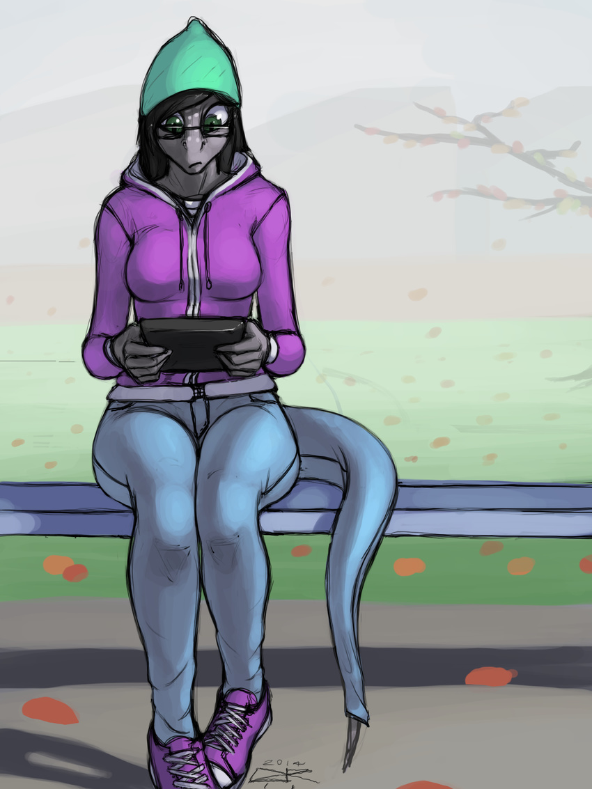 2014 anthro bench black_hair clothing female gecko green_eyes grey_body hair hat hoodie ldr lizard outside pants reptile scalie shoes sitting solo tail_clothing the_assistant