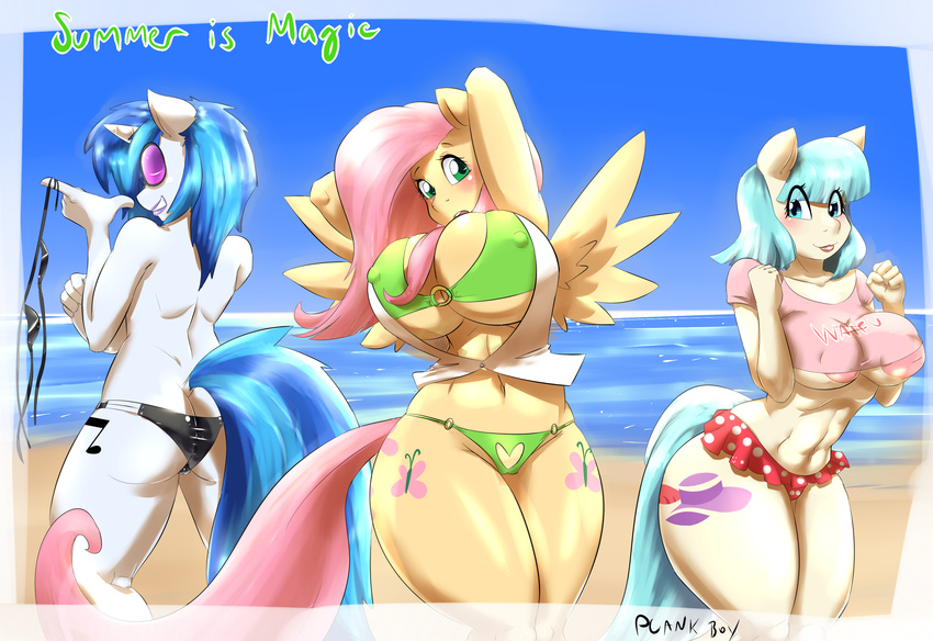 2014 absurd_res anthro anthrofied arms_behind_head beach bikini blue_hair blush butt cleavage clothed clothing coco_pommel_(mlp) cutie_mark earth_pony english_text equine eyewear female fluttershy_(mlp) friendship_is_magic glasses group hair happy hi_res horn horse long_hair mammal my_little_pony navel nipples outside pegasus plankboy pony sand sea seaside smile standing swimsuit teeth text thick_thighs topless unicorn vinyl_scratch_(mlp) water wings