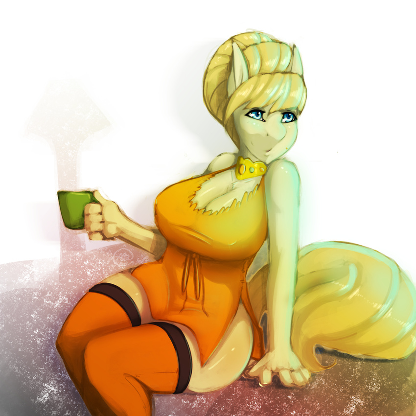 2014 anthro anthrofied aunt_orange_(mlp) avante92 big_breasts blonde_hair blue_eyes breasts cleavage clothed clothing cup dress earth_pony equine female friendship_is_magic fur hair horse legwear mammal my_little_pony pony solo tan_fur thigh_highs