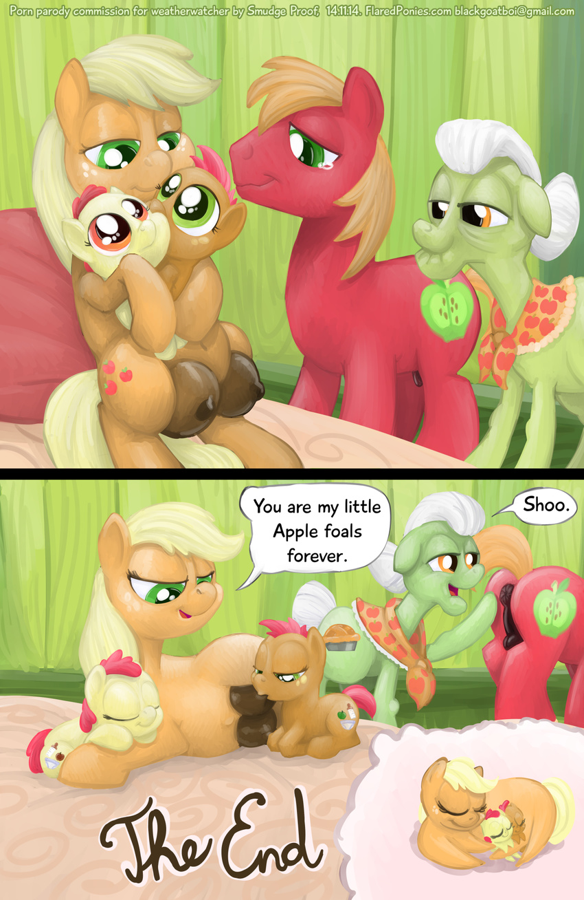 anus apple_bloom_(mlp) applejack_(mlp) babs_seed_(mlp) big_macintosh_(mlp) birth cub cutie_mark dialogue earth_pony english_text equine eyes_closed female feral friendship_is_magic granny_smith_(mlp) group hair horse lying mammal my_little_pony nipples on_back pony pussy sleeping smudge_proof teats text unbirthing vore young