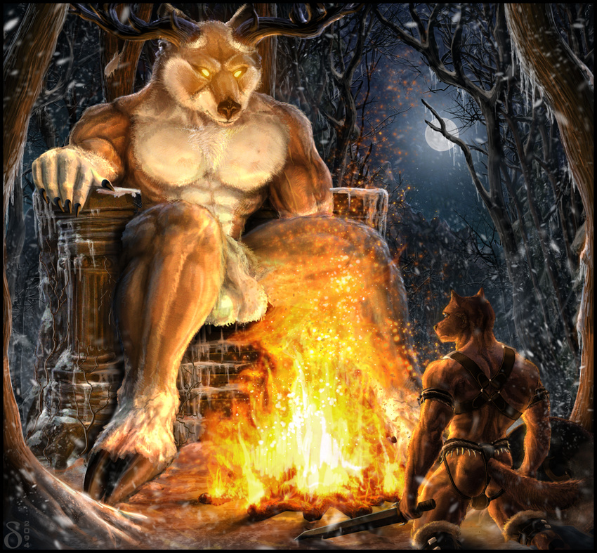 2012 abs anthro antlers back balls barefoot biceps big_balls big_muscles bodybuilder bondage_gear bulge butt campfire canine cervine chest_tuft claws clothing deer delta2094 duo eye_contact fire footwear forest fur glowing glowing_eyes hooves horn hybrid ice jager kneeling leash male mammal manly moon muscles nude outside pecs presenting ripped shadow shiny sitting size_difference snow spread_legs spreading submissive sword thong throne toned tree tuft underwear vein weapon winter wolf