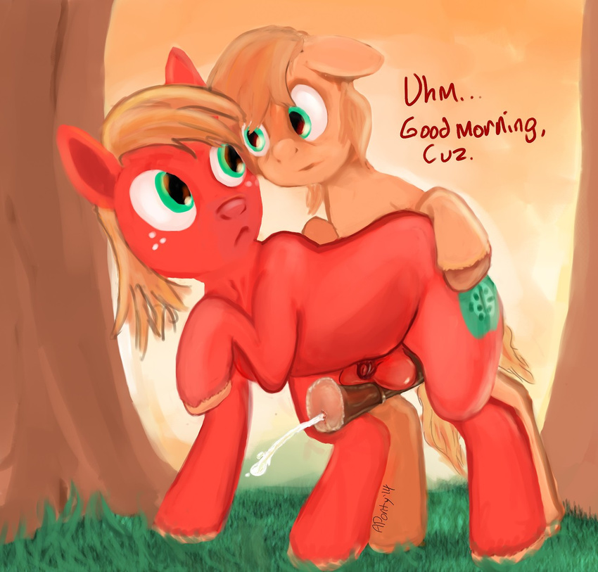 2014 anatomically_correct animal_genitalia aponty balls big_macintosh_(mlp) braeburn_(mlp) cum duo earth_pony equine erection flaccid friendship_is_magic from_behind gay hair hooves horse horsecock incest looking_back male mammal my_little_pony penis pony sheath