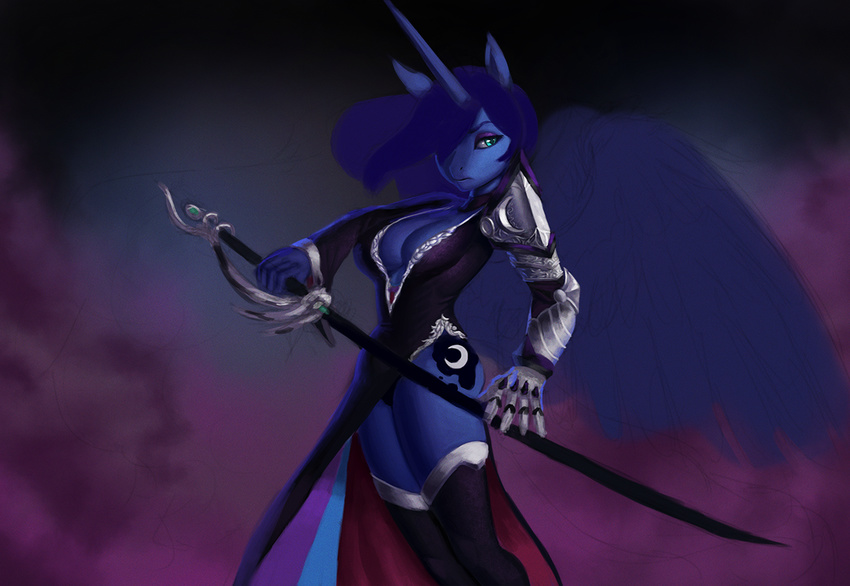2014 anthro anthrofied armor blue_body blue_eyes blue_hair cleavage clothed clothing cutie_mark dclzexon equine female friendship_is_magic hair holding horn long_hair mammal my_little_pony princess_luna_(mlp) solo sword weapon winged_unicorn wings