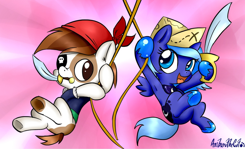 2014 anibaruthecat cute duo earth_pony equine eye_patch eyewear female feral friendship_is_magic horn horse male mammal my_little_pony pipsqueak_(mlp) pirate pony princess_luna_(mlp) sword weapon winged_unicorn wings young