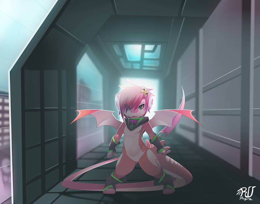 ambiguous_gender dragon hair inside long_tail looking_at_viewer pink_body pink_hair ru_(rudragon) rudragon solo wings
