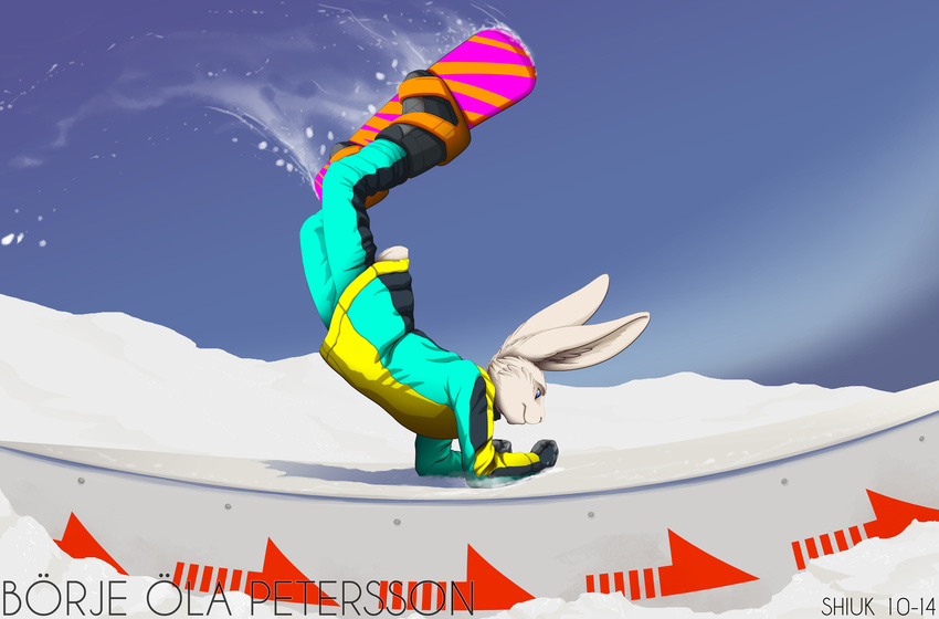 2014 anthro blue_eyes boots clothed clothing fur gloves hi_res jacket lagomorph long_ears looking_down male mammal outside pants rabbit shiuk sky smile snow snowboard snowboarding solo white_fur winter