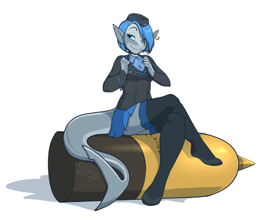 2014 absolute_territory alesia anthro clothed clothing crossed_legs ear_piercing female fish grin hat hindpaw kittydee legwear marine paws piercing pinup pose shark sitting skirt solo tank_shell thigh_highs toes uniform