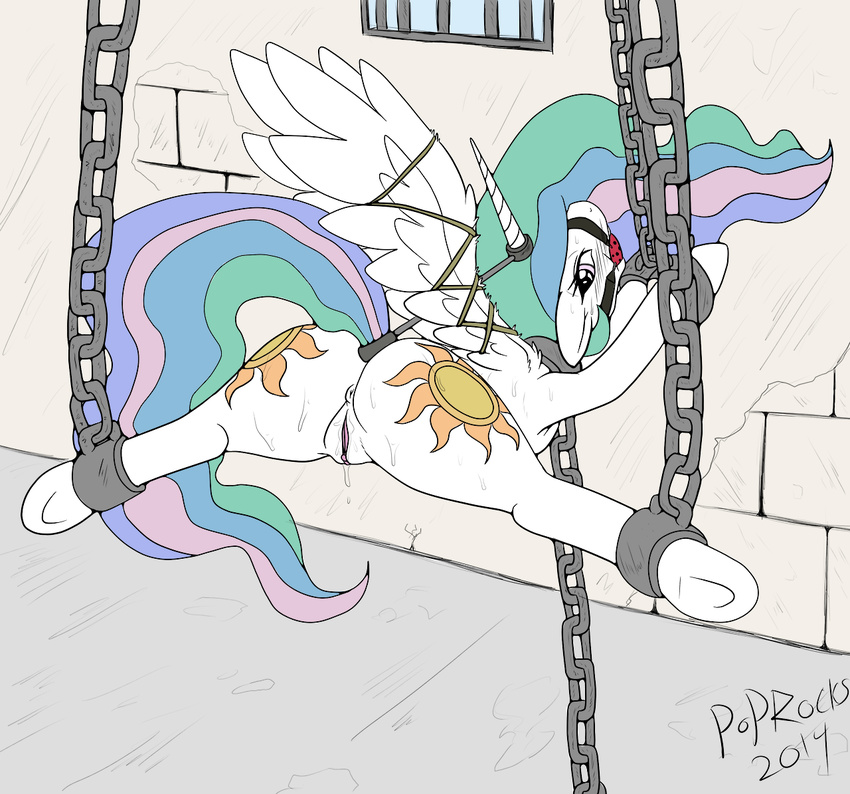 2014 anus ball_gag bdsm blush bondage bound chain clitoris colored cutie_mark equine female feral friendship_is_magic gag hooves horn looking_back mammal my_little_pony poprocks princess_celestia_(mlp) pussy pussy_juice raised_tail solo spread_legs spreading suspension sweat winged_unicorn wings