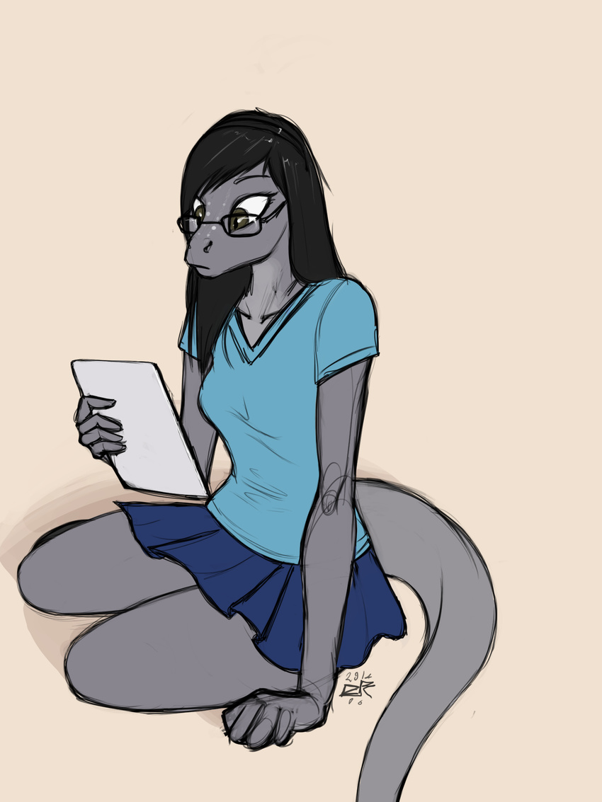 2014 anthro black_hair brown_eyes clothing eyewear female gecko glasses grey_body hair ldr lizard plain_background reptile scalie shirt sitting skirt solo the_assistant