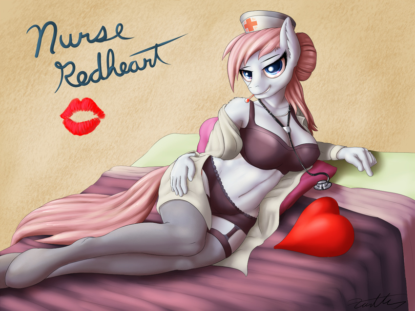 2014 anthro anthrofied bed bra clothing equine female friendship_is_magic fur hair hat horse inside kiss_mark legwear lingerie lying mammal my_little_pony navel nurse nurse_hat nurse_redheart_(mlp) on_bed on_side pink_hair pony solo stethoscope stockings thermometer underwear white_fur xanthor