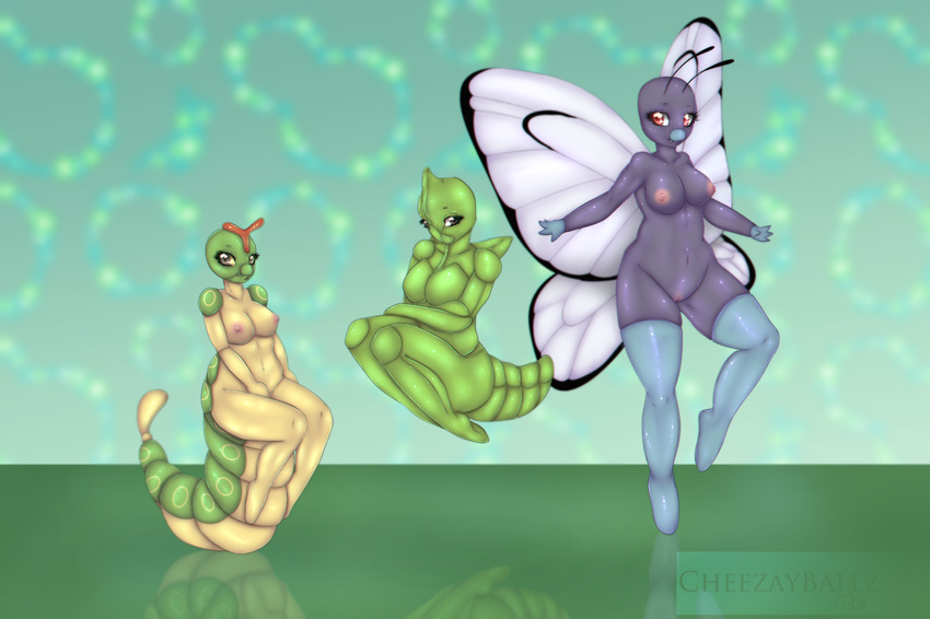 2014 antennae anthro anthrofied areola big_breasts breasts butterfree caterpie cheezayballz female green_skin group looking_at_viewer metapod navel nintendo nipples nude on_one_leg pok&eacute;mon pok&eacute;morph purple_skin pussy red_eyes size_difference standing video_games wide_hips wings