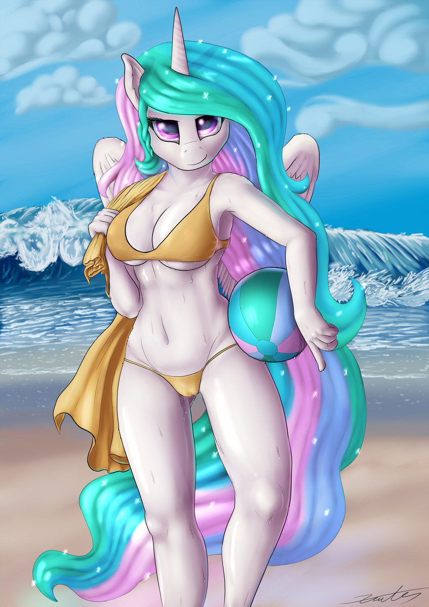 anthro ball beach beach_ball bedroom_eyes big_breasts bikini breasts clothed clothing equine feathers female friendship_is_magic fur hair hi_res hooves horn long_hair looking_at_viewer mammal midriff multicolored_hair my_little_pony navel outside princess_celestia_(mlp) purple_eyes sand seaside skimpy smile solo standing swimsuit towel water wet wet_hair white_fur winged_unicorn wings xanthor