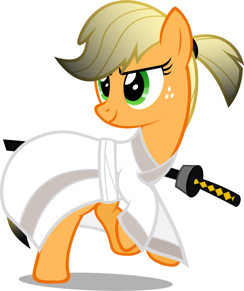 alpha_channel applejack_(mlp) cosplay digital_media_(artwork) earth_pony equine female feral friendship_is_magic horse mammal my_little_pony pony samurai samurai_jack smile solo sword weapon zacatron94