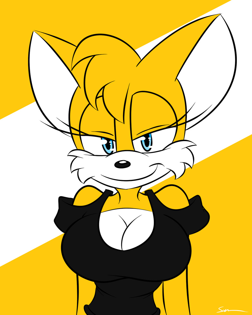 2014 anthro big_breasts breasts canine cleavage clothed clothing crossgender female fox fur looking_at_viewer mammal miles_prower sega smile solo sonic_(series) supersonicrulaa