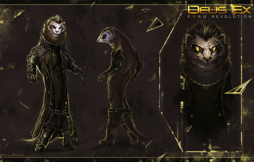 2013 absurd_res adam_jensen amales anthro clothed clothing cyberpunk cyborg deus_ex english_text ferret furrification hi_res looking_at_viewer male mammal model_sheet mustelid restricted_palette solo standing tail_clothing text video_games