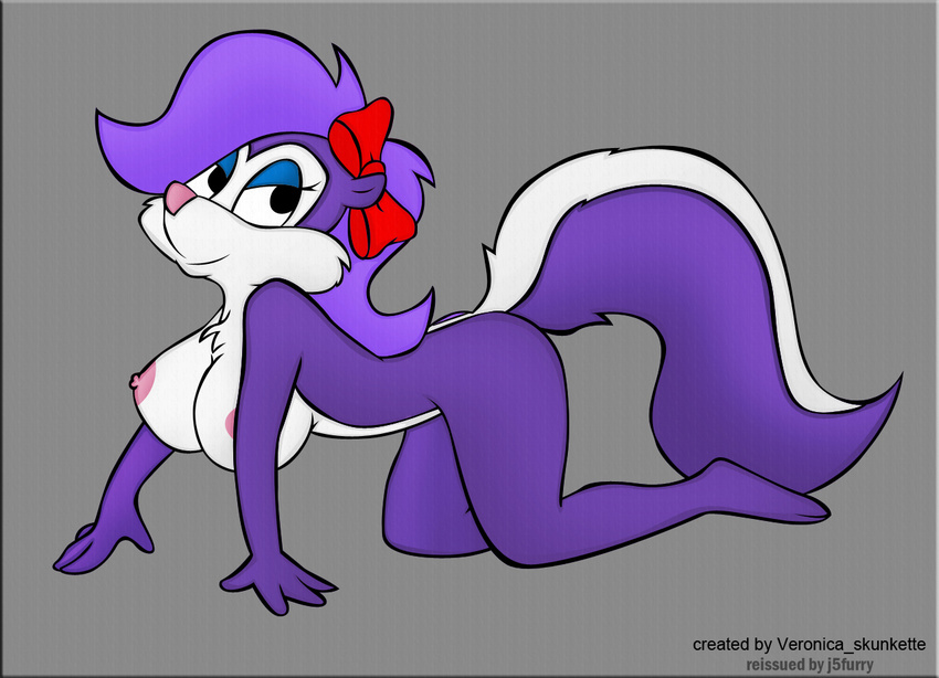 2014 anthro anthrofied big_breasts breasts eyeshadow female fifi_la_fume fur hair j5furry long_hair looking_at_viewer makeup mammal nipples nude purple_hair skunk smile solo tiny_toon_adventures tiny_toons veronica_skunkette warner_brothers white_fur