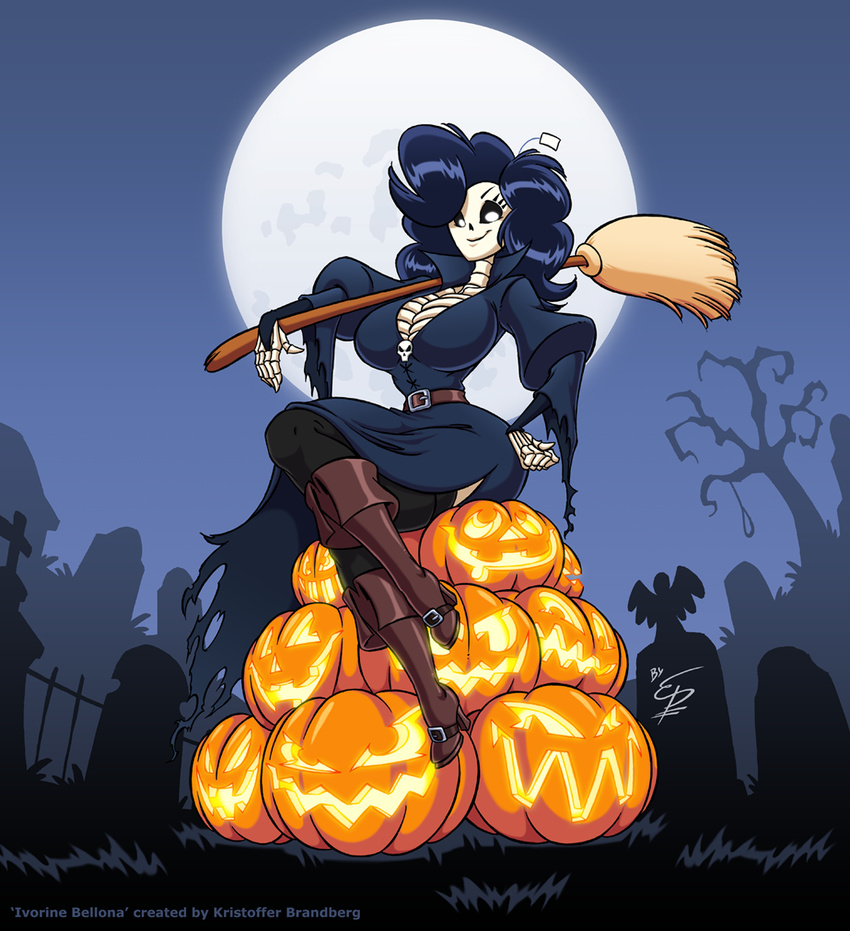 2014 anthro big_breasts bone breasts broom cleavage clothed clothing eltonpot female halloween holidays looking_at_viewer pumpkin skeleton smile solo undead