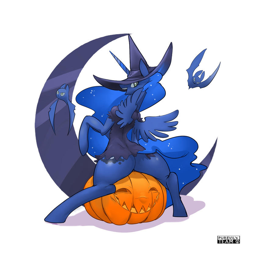 2014 bat butt equine female feral friendship_is_magic halloween holidays horn mammal my_little_pony princess_luna_(mlp) pumpkin purevil smile solo winged_unicorn wings