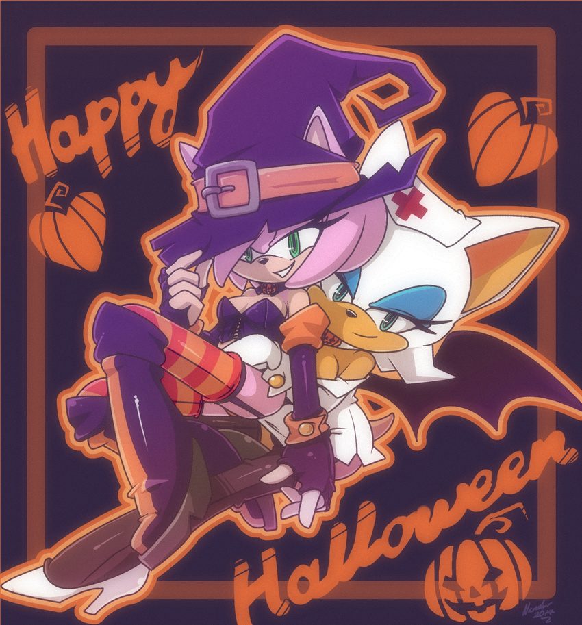 2014 amy_rose anthro bat boots breasts clothed clothing costume duo english_text female green_eyes hair halloween hat hedgehog hi_res holidays legwear looking_at_viewer mammal nancher nurse_hat pink_hair pumpkin rouge_the_bat sega smile sonic_(series) stockings striped_legwear text witch_hat