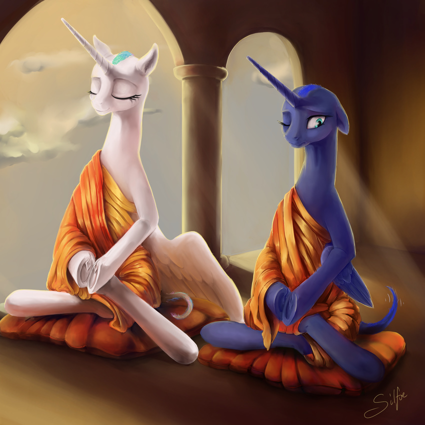 2014 bald duo equine eyes_closed female feral friendship_is_magic horn mammal meditation my_little_pony one_eye_closed pillow princess_celestia_(mlp) princess_luna_(mlp) sibling silfoe sisters sitting winged_unicorn wings