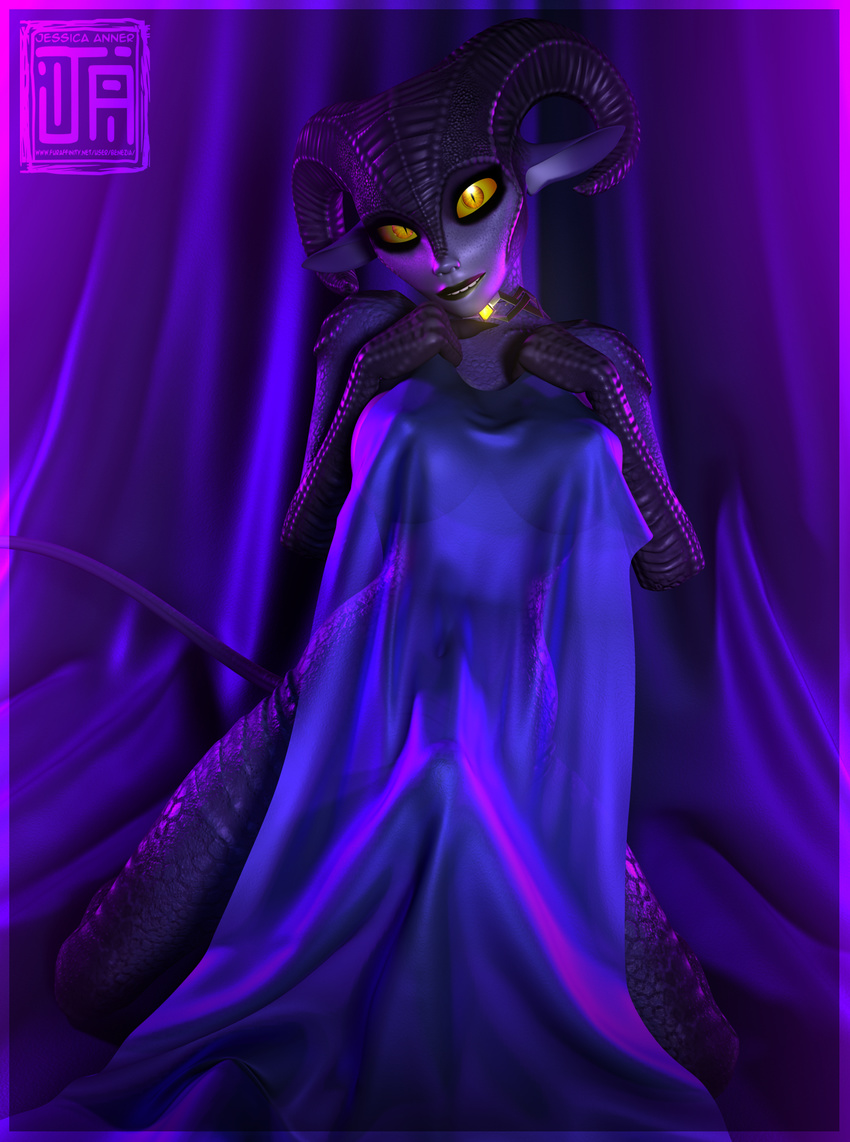 3d bed big_breasts biting_lip breasts bulge collar covered_up demon dickgirl erection female gem glowing glowing_eyes horn humanoid intersex jessica_anner long_ears nude penis presenting purple_scales satin shy silk succubus timid translucent xelthia yellow_sclera