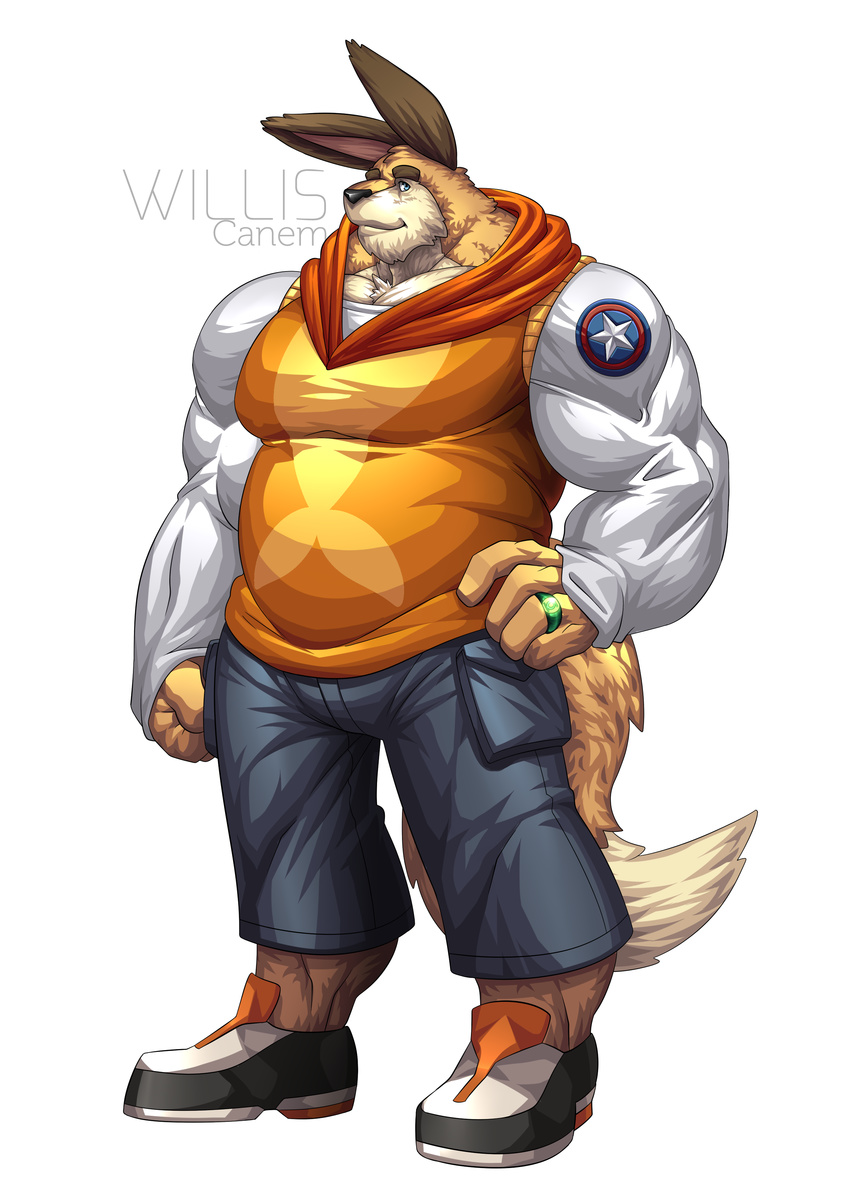 anthro belly biceps canem canine captain_america chubby clothing fur green_lantern hoodie lagomorph looking_at_viewer male mammal marvel muscles pants pecs rabbit shirt shoes smile solo willis wolf wolfie wolfiecanem