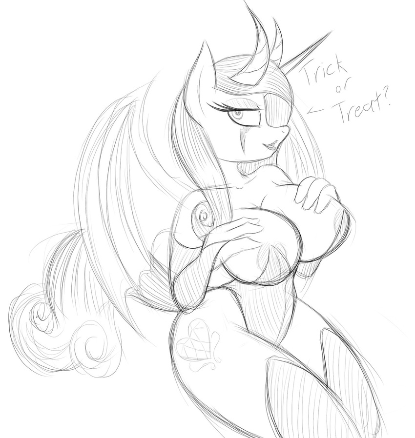 2014 anthro anthrofied areola black_and_white breasts cleavage clothed clothing corset cutie_mark digital_drawing_(artwork) equine female friendship_is_magic horn jrvanesbroek legwear looking_at_viewer mammal membranous_wings monochrome my_little_pony nipples princess_cadance_(mlp) sketch solo stockings three-quarter_portrait winged_unicorn wings