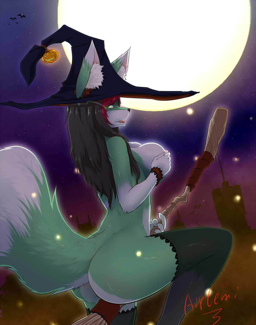 anthro black_hair blush breasts broom canine female fox fur green_eyes green_fur hair halloween hat hi_res holidays long_hair looking_at_viewer looking_back lsa2423063 magic mammal moon night nipples open_mouth outside pumpkin tongue tongue_out white_fur witch_hat 神竞源