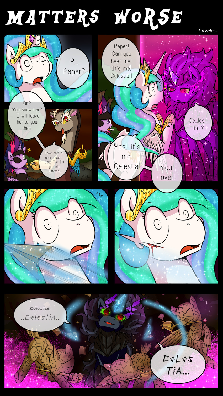 2014 blood comic dialogue discord_(mlp) draconequus english_text equine fan_character female friendship_is_magic horn male mammal metal_gear my_little_pony princess_celestia_(mlp) solid_snake text twilight_sparkle_(mlp) unicorn vavacung winged_unicorn wings