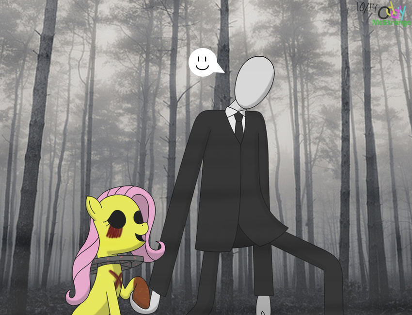 amnesia amnesia:_justine creepy crossover equine faceless female fluttershy_(mlp) fog forest friendship_is_magic male mammal monster my_little_pony oddy_mcstrange outside scar slenderman smile tree