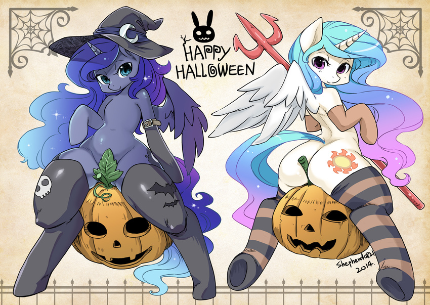 2014 blue_fur blue_hair butt convenient_censorship costume cutie_mark duo elbow_gloves english_text equine female feral friendship_is_magic fur gloves hair halloween hat holidays horn horse legwear long_hair looking_at_viewer mammal multicolored_hair my_little_pony pony princess_celestia_(mlp) princess_luna_(mlp) pumpkin shepherd0821 sibling sisters striped_legwear text thigh_highs white_fur winged_unicorn wings