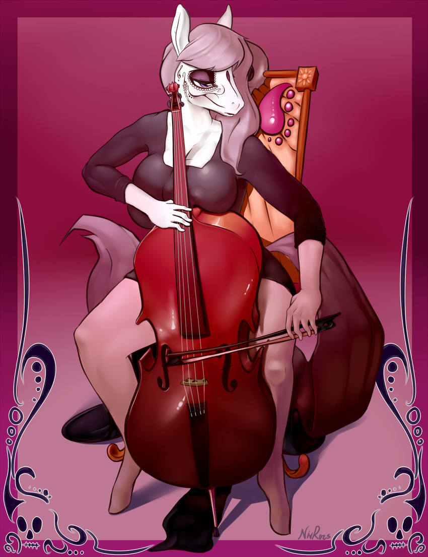 abstract_background anthro big_breasts bow breasts cello chair cleavage clothed clothing dia_de_los_muertos equine face_paint female friendship_is_magic fur hair half-closed_eyes hi_res hooves horse legwear long_hair mammal musical_instrument my_little_pony nivrozs octavia_(mlp) playing_music pony purple_eyes sitting solo stockings